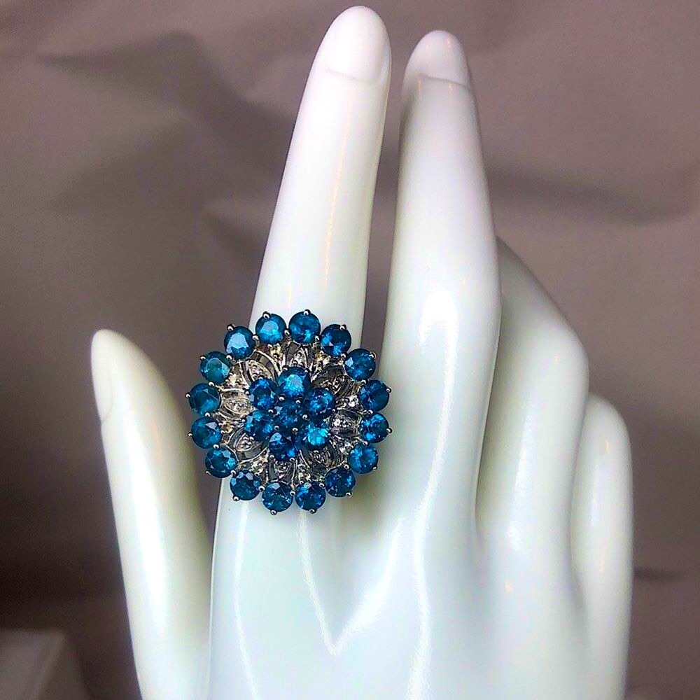 BLUE SPINEL & White Topaz Accent Round Sterling Silver Cocktail Ring Sz 7-1/4